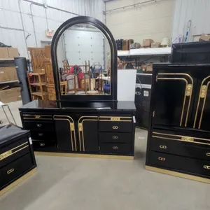 Black Lacquer and Gold Trim Bedroom Set with Dresser63 x 30 x 16.6", Mirror, 45 x 36" Chest