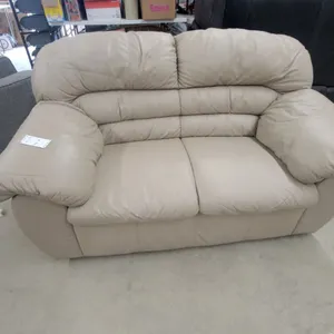 Beige Leather Three-Seat Sofa with Pillow-Top Back and Rounded Armrests 57" Wide