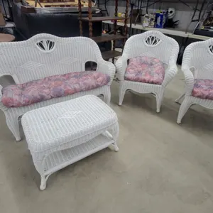 White Wicker Patio Set with Loveseat, Two Armchairs, Ottoman, and Cushions