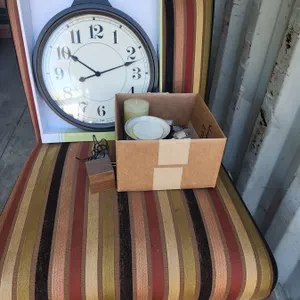 Striped Chair, Ergo Quartz Clock, Wax Melter, Mini Speaker