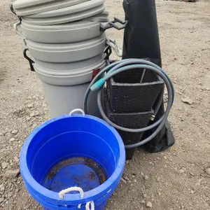 Rubbermaid Garbage Cans, Blue Tubs, Hose, Planters, Landscape Fabric