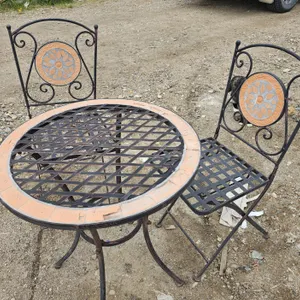 Metal Outdoor Dining Set.  24" Diameter Table, (2) Folding Chairs