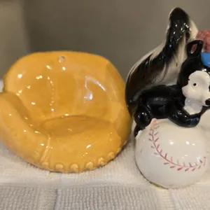 45 - Vintage Lefton salt and pepper shakers, baseball mitt and skunk on ball. 1953s. Stamped Japan, 