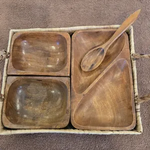 29 - Vintage MCM snack serving set.  Monkey pod wood, hand carved in the Philippines with woven wick