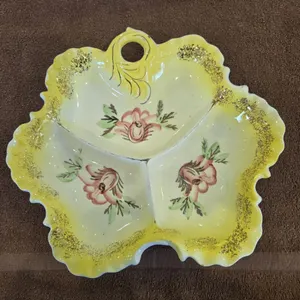 34 - Vintage yellow floral divided snack bowl.  Stamped Japan.