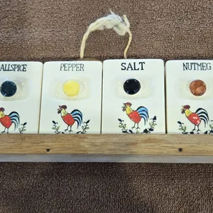 31 - Vintage 1950s MCM ceramic rooster spice rack set. 6 spice containers in wooden rack.  13"x4".  