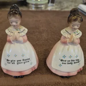 30 - Vintage Enesco Prayer Lady salt and pepper shakers.  4 1/2" high.  Stamped Japan.  Missing cork