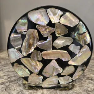 27 - Vintage black Lucite and abalone seashell napkin/letter holder from 1960s.  5 1/2" tall be 5 1/