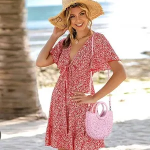 YouNuo Pink Straw Beach Bag for Women