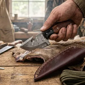 Damascus Steel Gut Hook Knife with Sheath
