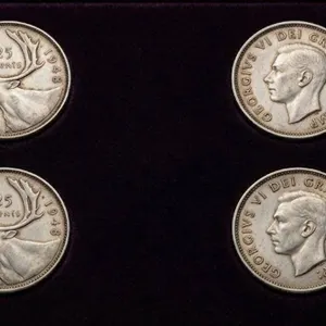 1943 Canada Silver 25 Cent Coins, Lot of 4