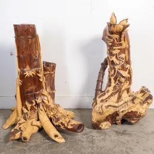 PAIR OF CARVED BAMBOO-STYLE WOOD PLANTERS