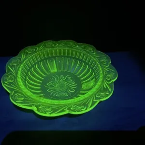 Uranium Green Glass Footed Bowl, 16 " Across -