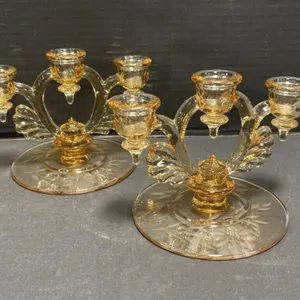 Pair Of Amber Glass 3-light Candelabra