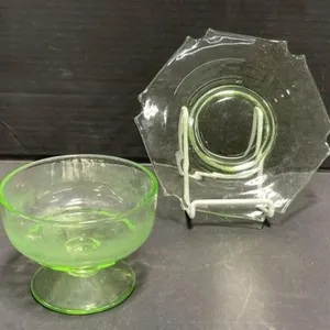 Green Glass 8 " Plate & Pedestal Bowl