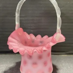 Fenton Pink Opalescent Coin Dot Glass Basket