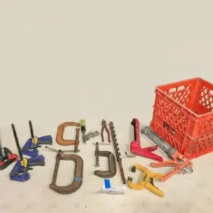Assorted Hand Tools, Clamps, and Milk Crate