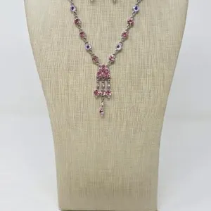 Elegant Silver Tone & Pink Crystal Necklace Set