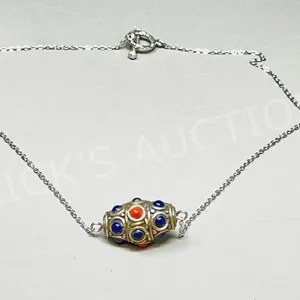 Tibetan brass bead w/ Coral & Lapis pendant &chain