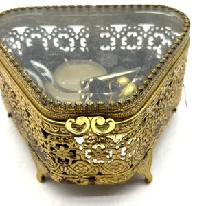 Vintage Filigree Metal and Glass Jewelry Box with