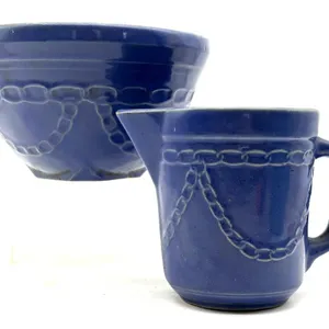 Antique Blue Crock Bowl and Matching Pitcher 
-