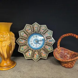 Decorative vase, basket, and clock