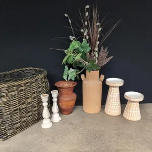 Wood and terracotta vases and candle holders