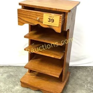 SMALL WOOD SHELF ON CASTERS WITH DRAWER.