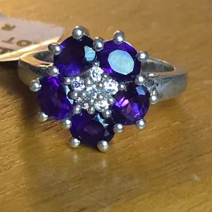 Sterling Silver Purple and Clear Stone Flower Cluster Ring