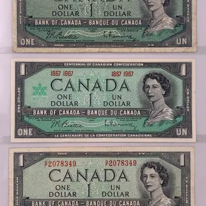 Canada $1 Banknote Lot (5 Notes) – 1954 & 1967 Centennial – Serials GF2189757, IM4083521, GF2078349,