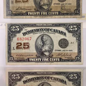 Canada 1923 25¢ Shinplaster Banknote Lot (3) – Serials 470934, 682067, 639830