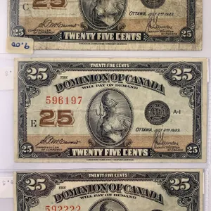 Canada 1923 25 Cents Shinplaster Notes (3) – Serials 351616, 596197, 592222
