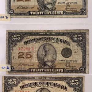 Canada 1923 25¢ Shinplaster Notes (3) – Serials 518926, 172812, 495355
