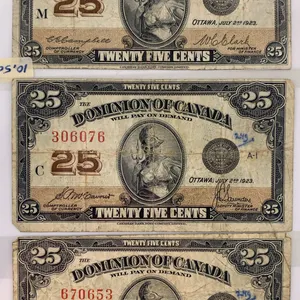Canada 1923 25 Cents Shinplaster Notes (3) – Serials 617205, 306076, 670653