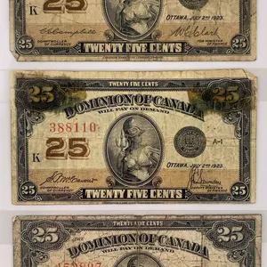 Canada 1923 25 Cents Shinplaster Notes (3) – Serials 653115, 388110, 452807