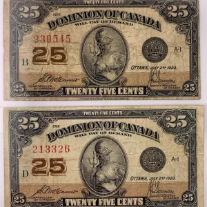 Canada 1923 25¢ Shinplaster Notes (2) – Serials 230545, 213326