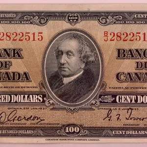 Canada 1937 $100 Bank of Canada Note – Serial BJ2822515