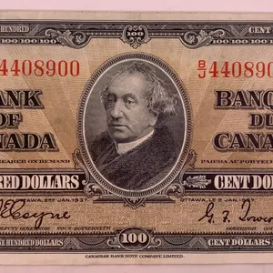 Canada 1937 $100 Bank of Canada Banknote Serial BJ4408900