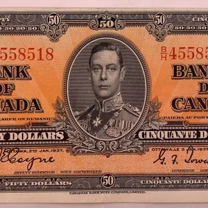 Canada 1937 $50 Bank of Canada Banknote Serial BH4558518