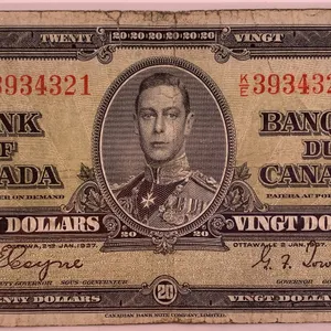 Canada 1937 $20 Bank of Canada Banknote Serial KE3934321