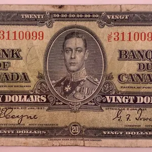 Canada 1937 $20 Bank of Canada Banknote Serial JE3110099