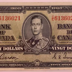 Canada 1937 $20 Bank of Canada Note – Serial CE6136021