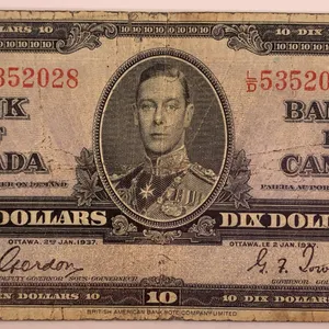 Canada 1937 $10 Bank of Canada Banknote Serial LD5352028