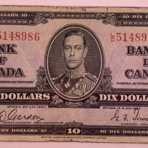 Canada 1937 $10 Bank of Canada Note – Serial LD5148986