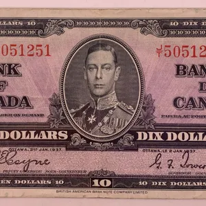 Canada 1937 $10 Bank of Canada Banknote Serial JT5051251