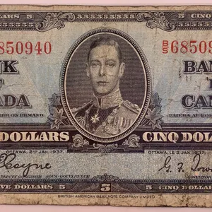 Canada 1937 $5 Bank of Canada Note – Serial BS6850940