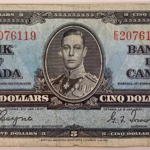 Canada 1937 $5 Bank of Canada Banknote Serial ES2076119