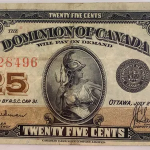 Canada 1923 25¢ Dominion of Canada Note – Serial K028496