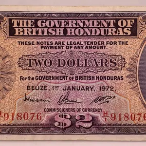 Belize (British Honduras) 1972 $2 Note – Serial HI918076