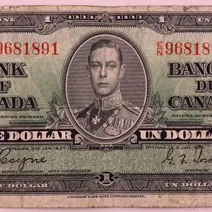 Canada 1937 $1 Bank of Canada Note – Serial EN9681891